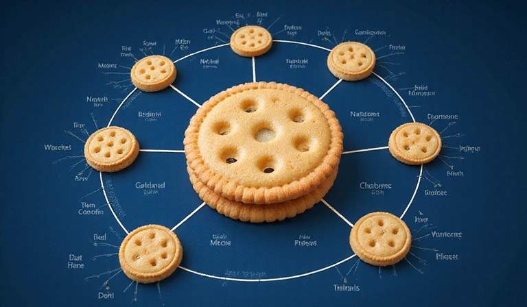 Illustration of a network of third-party cookies tracking user activity across different websites